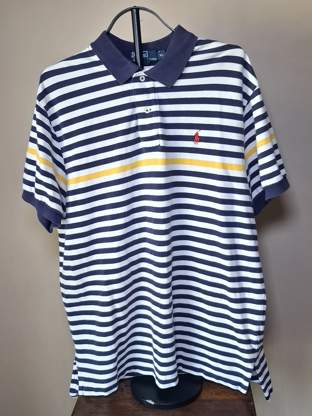 Polo Ralph Lauren Men’s Navy, White & Yellow Striped Polo; Sz. XL